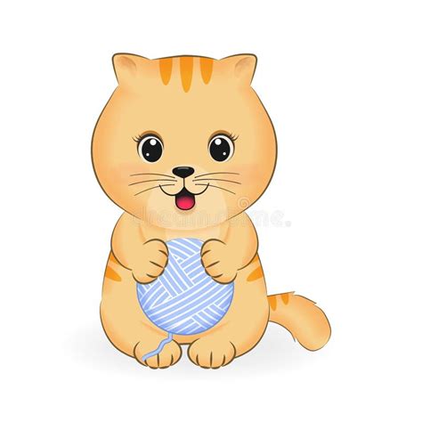 Cute Little Orange Cat And Yarn Animal Cartoon Illustration Stock
