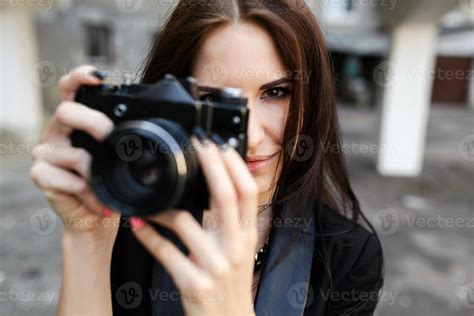 Beautiful Female Photographer Posing With Camera 11455085 Stock Photo