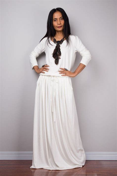 Off White Maxi Dress With Pockets Long Sleeve Womens Dress Handmade Maternity Bridesmaid