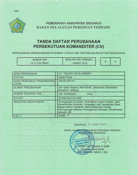 Tanda Daftar Perusahaan Tdp Yogos Shelter