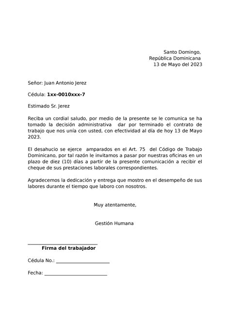 Plantilla Carta De Desahucio Art 75 Ct Santo Domingo República