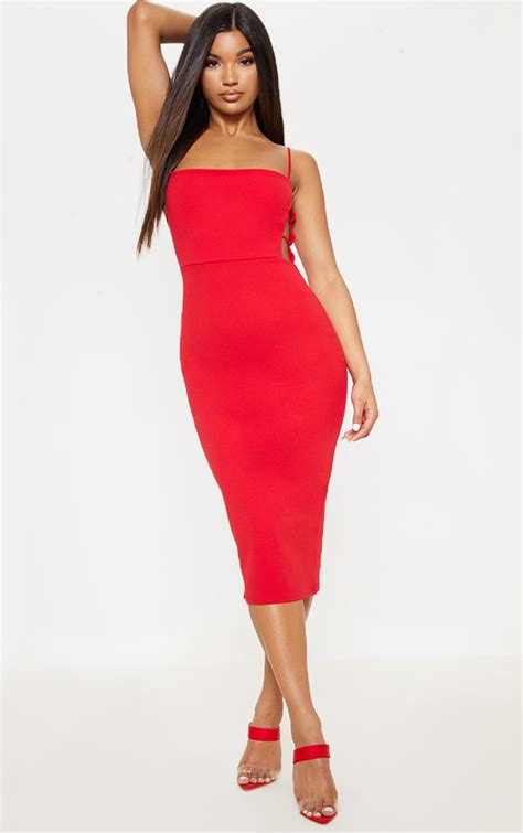 red side cut out detail midi dress dresses prettylittlething