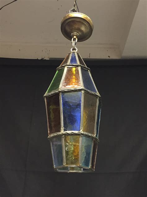 A Unique Antique Stained Leaded Glass Pendant Light Foyer Entry Hanging Light Fixture Blue