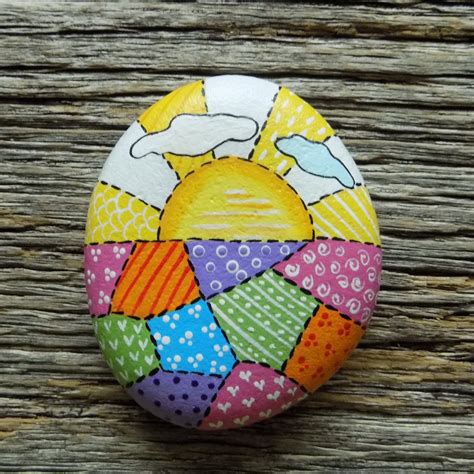 Patchwork Sunset Painted Rock Decorative Accent Stone Etsy Painted