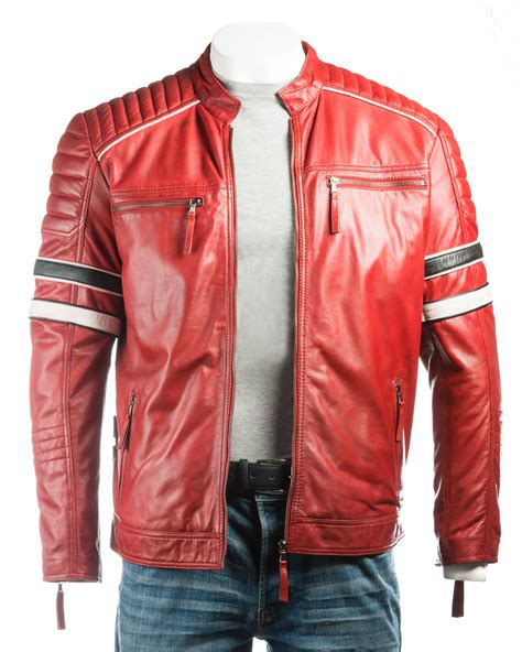 Men S Red Racing Biker Style Leather Jacket Red Color
