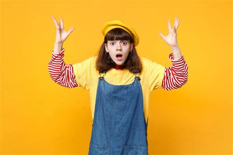 Shocked Girl Teenager In French Beret Denim Sundress Hold Plastic Cup Of Cola Or Soda Keeping