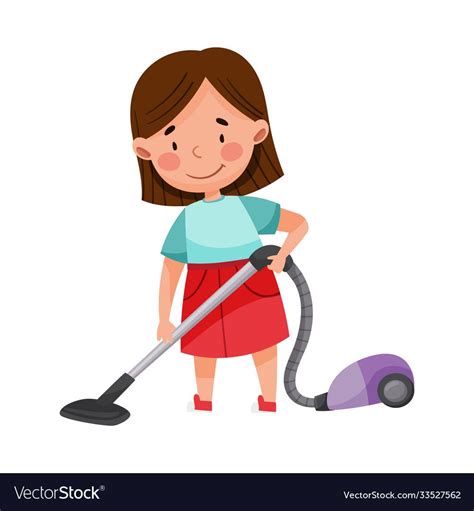 Little Girl Standing And Vacuuming The Floor Vector Illustration Cute