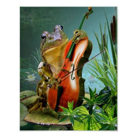 Humorous Scene Frog Playing Cello In Lily Pond Poster Frosch
