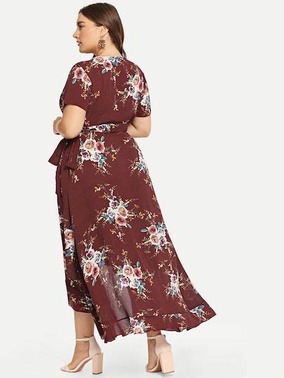 Shein Plus Asymmetric Ruffle Hem Botanical Wrap Dress Dresses