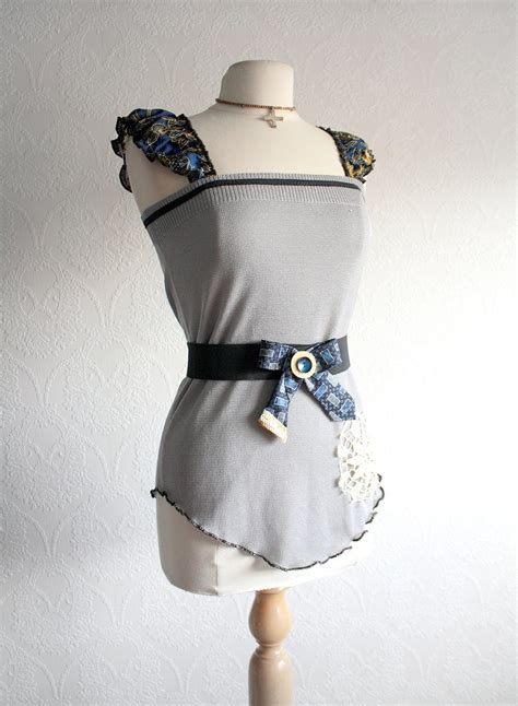 Womens Gray Top Upcycled Clothes Recycled Necktie Belt