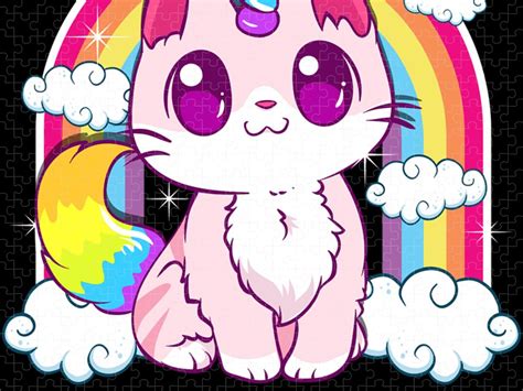 Cute Unicorn Cat Adorable Smiling Rainbow Kitty Jigsaw Puzzle By The