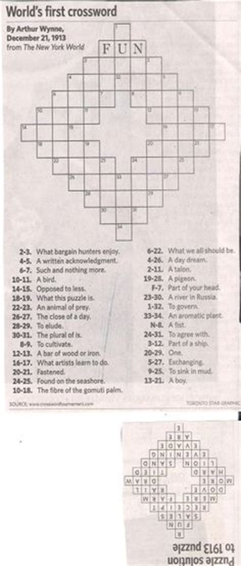 The First Crossword Puzzle Created By Arthur Wynne Published In The