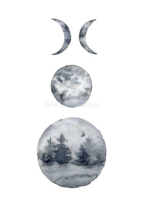 Watercolor Moon Phases And Mountine Boho Illustration Isolated On White