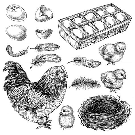 Sketch Set Of Hen Chick And Eggs Hand Drawn Realistic Chicken Ink