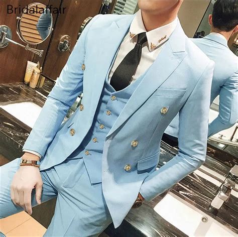 Wonderful Latest Coat Pant Designs Sky Blue Men Suit Set Slim Fit 3