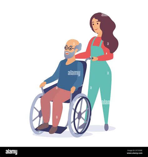 Young Woman Social Worker Strolling With Old Senior Man In Wheelchair