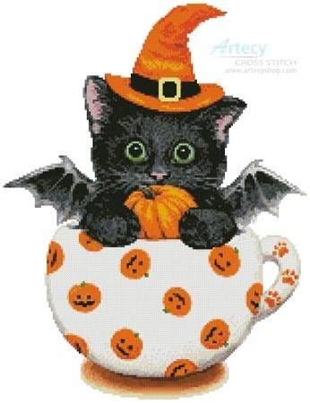Plus, use our caption/border maker tool to chart your own words. Halloween Kitty Cup Cross Stitch Pattern | Halloween cat ...