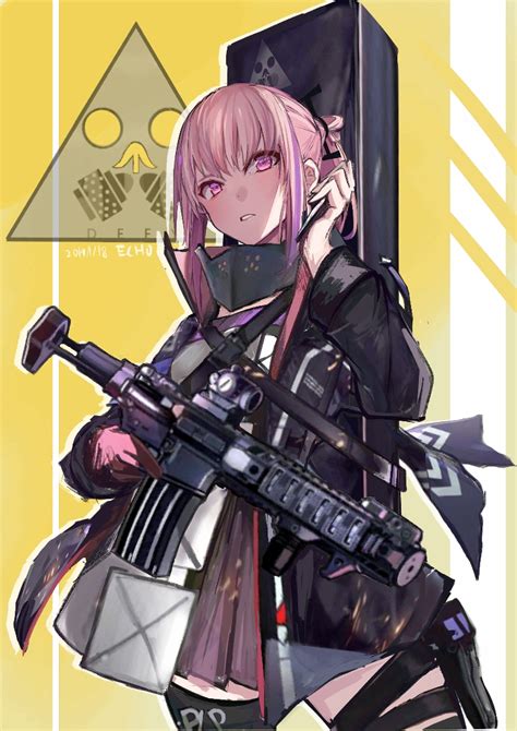 Safebooru 1girl Ar 15 Assault Rifle Bangs Cellphone Chinese Commentary Commentary Dress Echo
