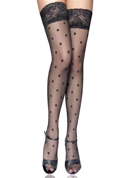 Lace Top Polka Dot Sheer Stocking Black Sexy Curves