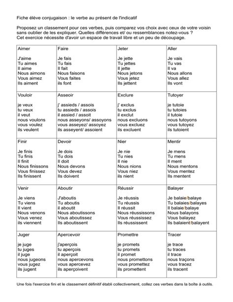 Fiche élève conjugaison le verbe au présent de l indicatif Proposez