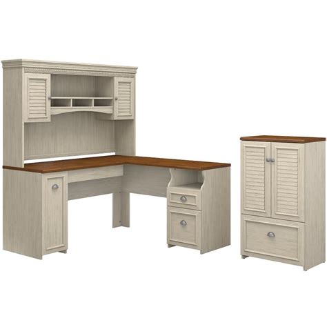 Sauder harbor view computer desk with hutch, antiqued white: Fairview L Shaped Desk with Hutch and Storage in Antique ...