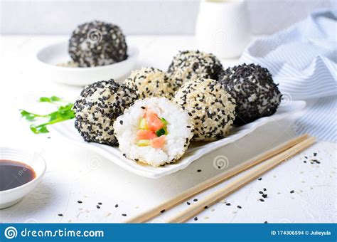 Onigiri Rice Balls With Salmon And Cucumber Asian Appetizer Stock