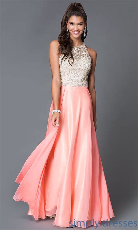 Dave And Johnny Beaded Bodice Long Coral Dress Prom Dresses