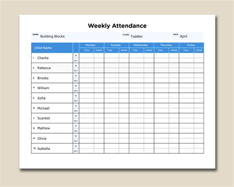 Daycare Weekly Attendance Sheet With Fillable Form Fields Hd Etsy