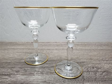 Set Of 2 Vintage Champagne Tall Sherbert Glasses Gold Rim Foot Barware Glassware Crystal
