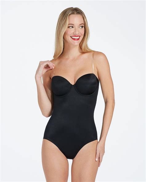 spanx synthetic suit your fancy strapless cupped panty bodysuit in black lyst