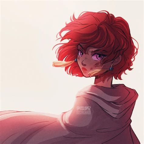 Deep Red Short Hair Drawing Anime Curly Hair Hair Illustration