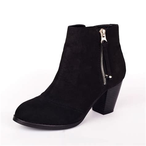 fashion womens mighty black leather zip ankle booties side zipper mid heel round toe nubuck