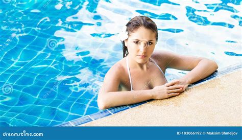 Beautiful Woman Relaxing In A Pool At Summer Stock Photo Image Of