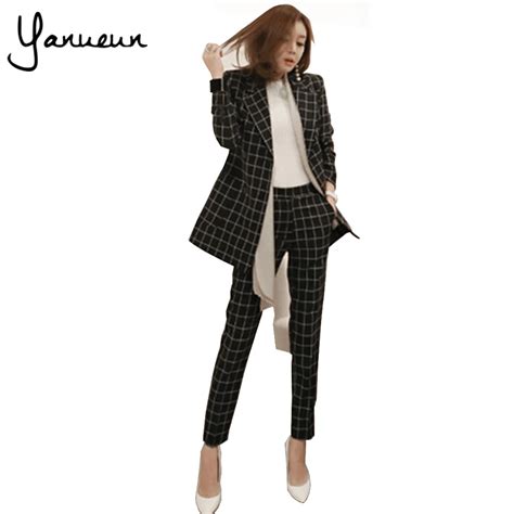 yanueun korean fashion 2017 new business pant suits set blazers formal women ol elegant plaid 2