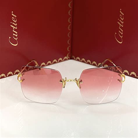 Cartier Chelsea Rimless Sunglasses Pink Lens Gold Frames C Decor Womens