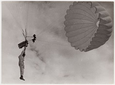 French Air Force Parachute Parachutist Hanging From Open Parachute In