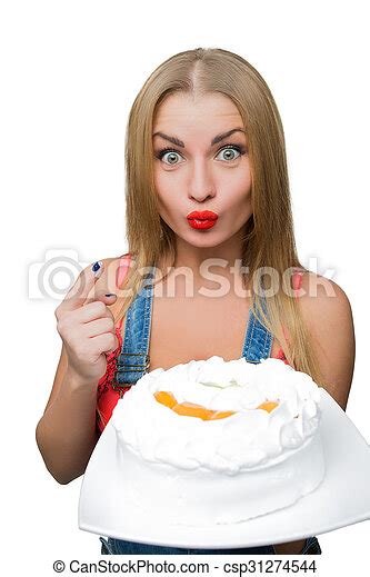Busty Sexy Girl Eating Cake With Whipped Cream White Background