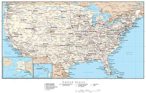 Usa Map Rectangular Projection With Cities Roads And Water Features