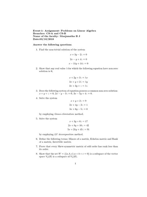 Solutions To Problems On Linear Algebra Systems And Subspaces Using