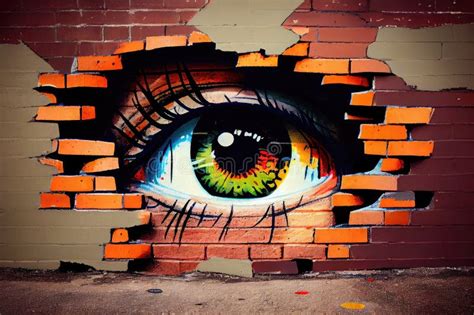 Graffiti Art On A Brick Wall With The Bricks Peeking Through Stock