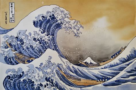 The Great Wave Off Kanagawa Reproduction Original Watercolor Etsy Japanese Wave Painting