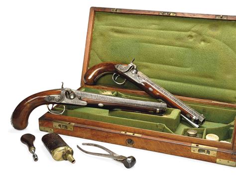 A Cased Pair Of 28 Bore Silver Mounted Percussion Duelling Pistols By