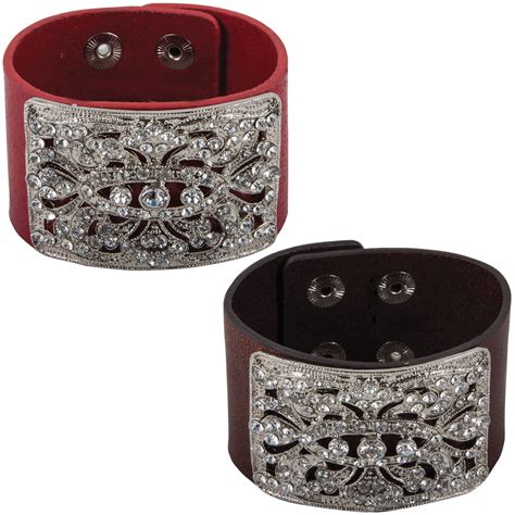 Crystal Wide Leather Cuff Bracelet In At Schneider Saddlery