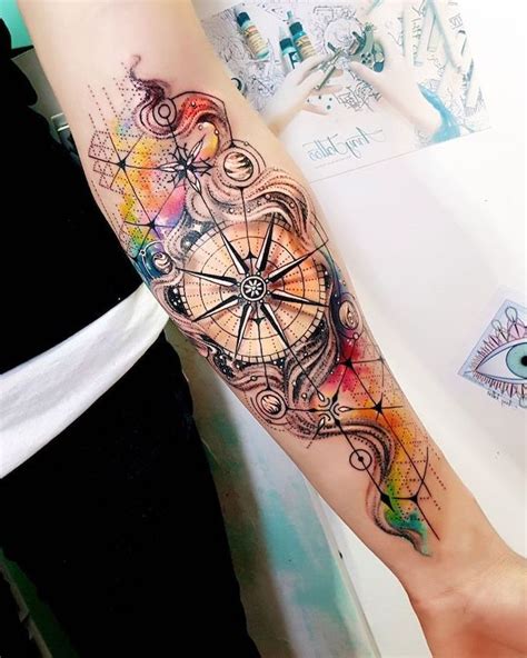 Watercolor Flower Tattoo Colorful Compass Forearm Tattoo Tatuagem