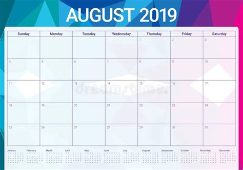 Agosto 2019 Illustrazione Di Vettore Del Calendario Da Scrivania