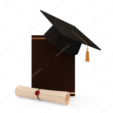 Graduation Cap With Diploma And Book Isolated On White Background