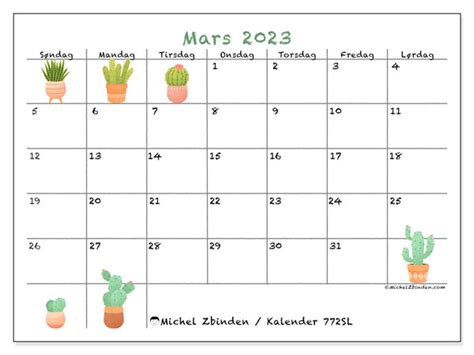 Kalender For Mars 2023 For Utskrift “772sl” Michel Zbinden No