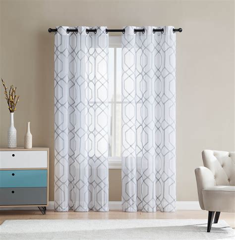 White And Gray Sheer Grommet Window Curtain Panel Pair With Embroidered