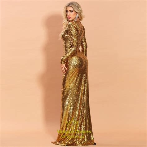 Gold Sequin V Neck Pleated Long Sleeves Split Front Prom Dresses