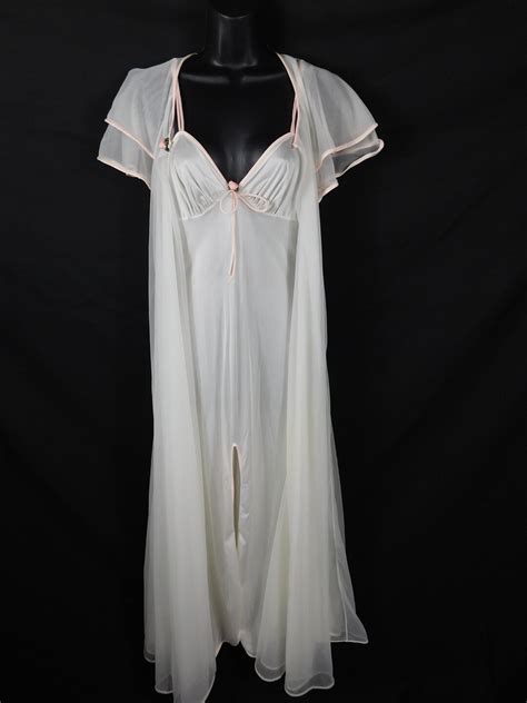 Vintage Val Mode Ivorypink Chiffon Semi Sheer Nightgown And Robe Set
